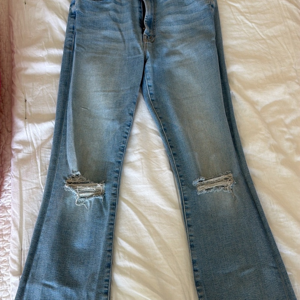 MOTHER Light Blue Distressed Flare Jeans